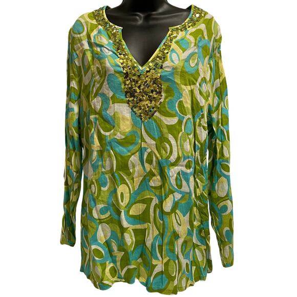 San Tropez Women's Size 1X Green Abstract Sequined Blouse - Picture 1 of 6